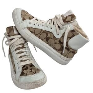 Coach Signature & Leather Ellis Khaki / White High Top Sneakers 8